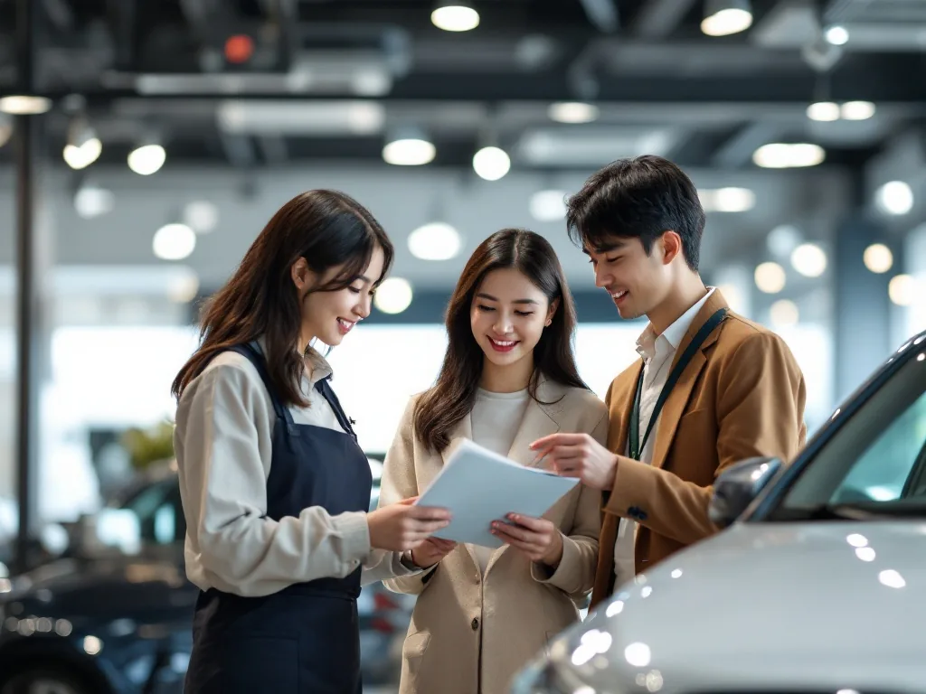 a car salesperson and a couple in their 30s reviewing a brochure at a modern Korean car showroom, soft indoor lighting, casual and professional atmosphere, editorial documentary photography, wide angle