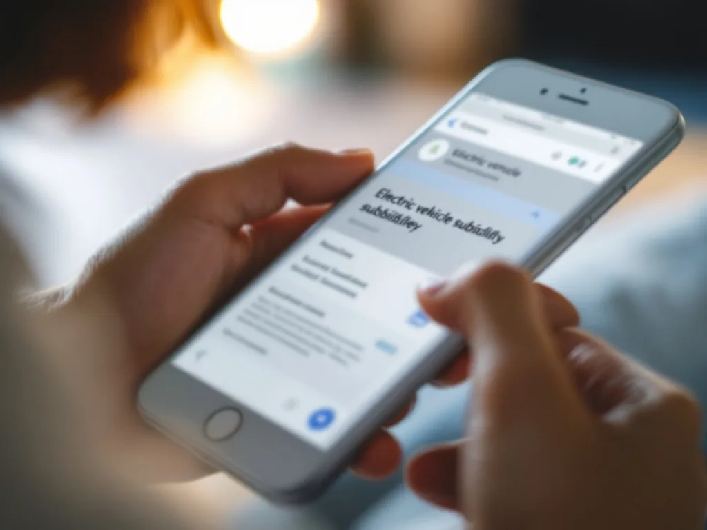 a close-up of a hand scrolling through a smartphone showing electric vehicle subsidy information on a Korean government website, soft indoor light, shallow depth of field