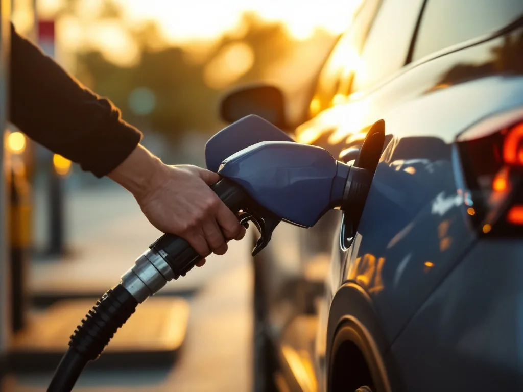 a fuel pump nozzle inserted in a hybrid SUV at a Korean gas station, late afternoon golden light, close-up shot, editorial photography