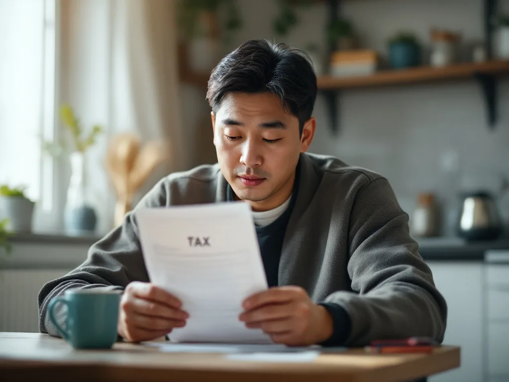 a Korean car owner reading a tax notice at a kitchen table with morning light coming through the window, focused expression, editorial photography, photorealistic
