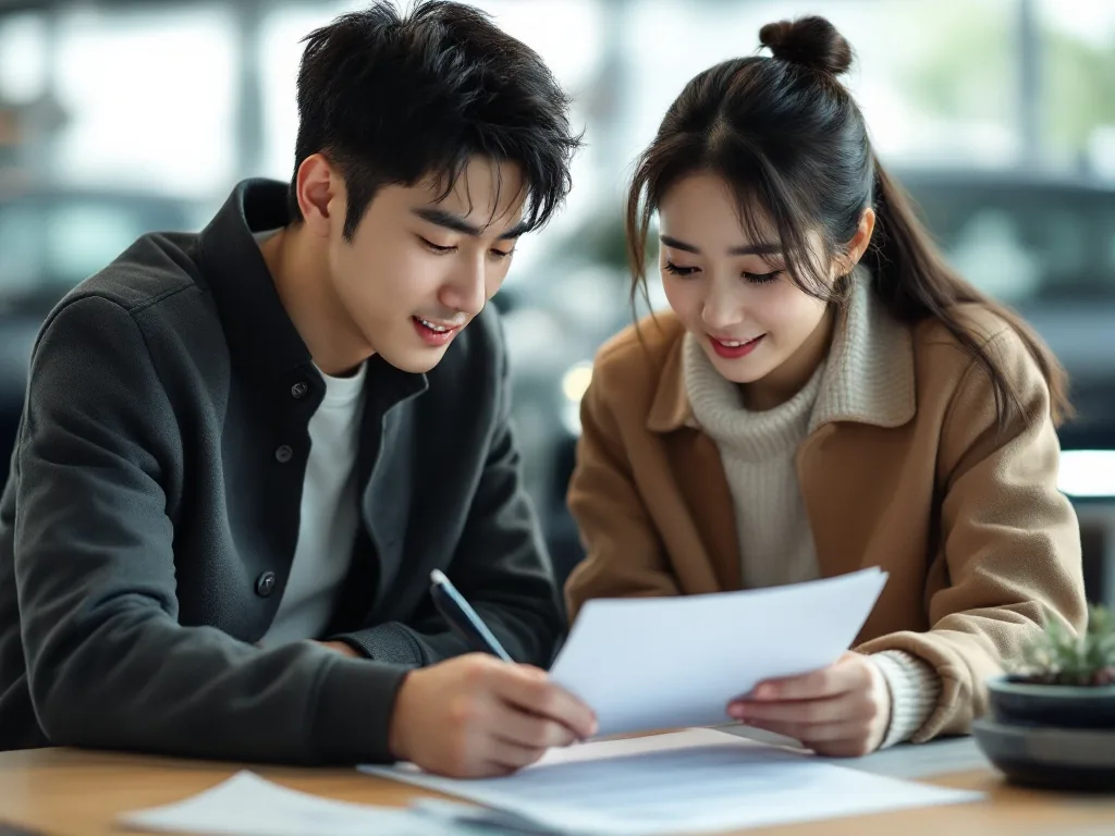 a Korean couple in their 30s reviewing an electric vehicle purchase contract at a car dealership, soft indoor light, over-the-shoulder wide angle, calm documentary style
