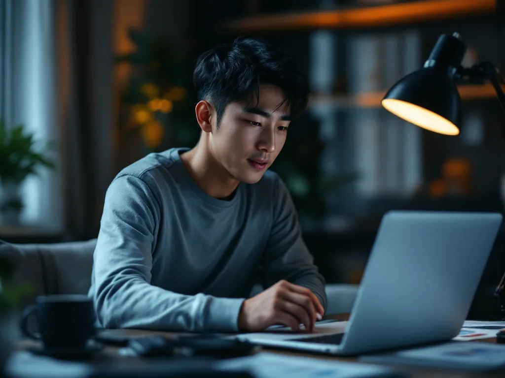 a Korean man in his early 30s looking at a laptop with spreadsheets and expense charts at a home desk, warm desk lamp light, focused and thoughtful expression, over-the-shoulder angle, editorial photography