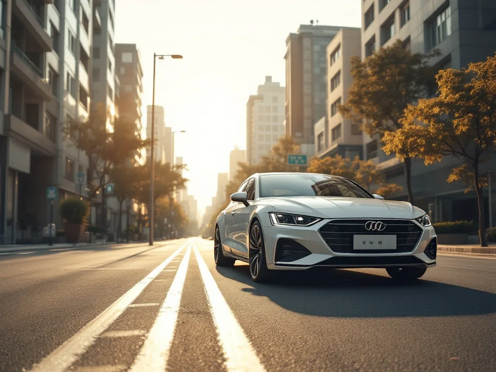 a modern sedan parked on a sunny Korean urban street, clean city background, editorial automotive photography, wide angle, golden afternoon light