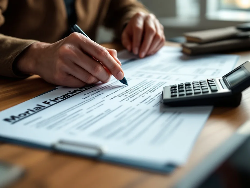 a person carefully reviewing multiple car financing documents and a calculator on a wooden desk, soft indoor lighting, close-up of hands and papers, focused analytical mood