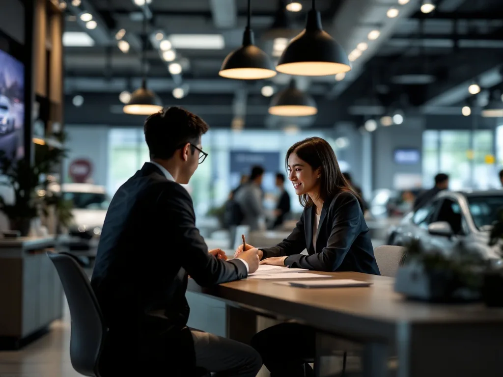 a person sitting at a modern Korean car dealership desk, consulting with a sales representative, warm interior lighting, candid documentary style, no face close-up, wide shot showing both people and documents