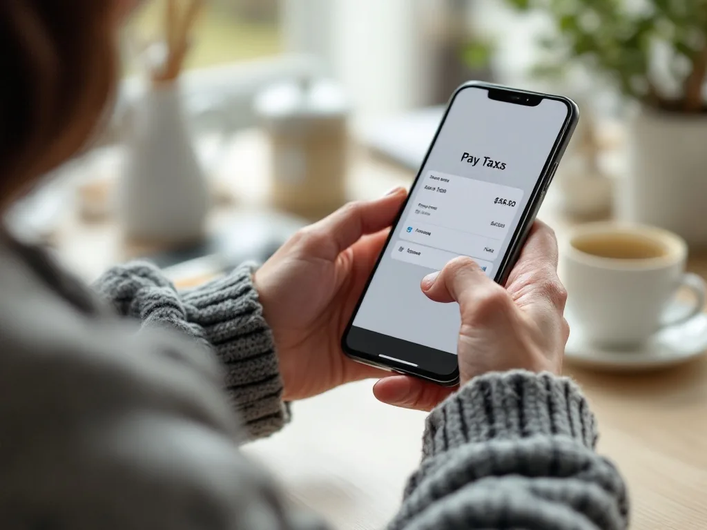 a person using a smartphone to pay taxes at home, casual morning setting, close-up of hands and phone screen showing a payment confirmation, photorealistic, no text on screen