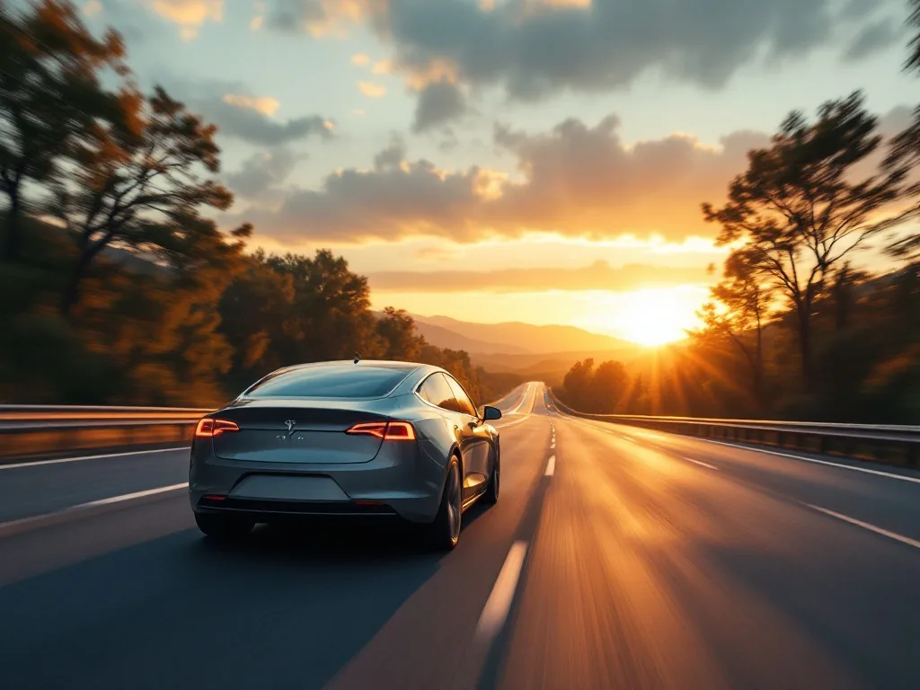 a sleek electric sedan driving on an empty Korean expressway at dusk, golden hour light, wide cinematic shot, motion blur on background trees, hopeful calm mood