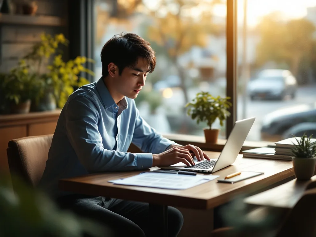 a small business owner reviewing car lease contract at a cozy Korean café, laptop and documents on table, warm afternoon light, over-the-shoulder angle, focused mood