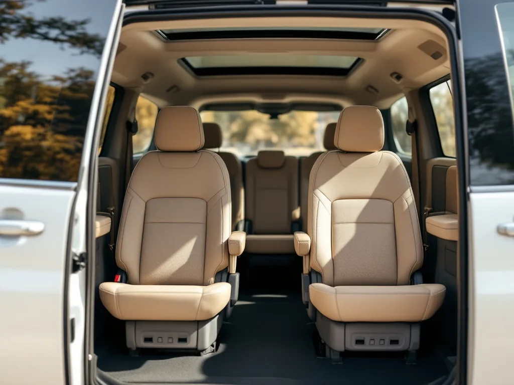a spacious modern minivan interior with three rows of beige leather seats viewed from the open sliding door, soft daylight, family car comfort, editorial automotive photography, shallow depth of field