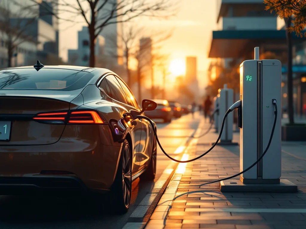 an electric vehicle plugged into a public charging station at a modern Korean city plaza at golden hour, soft light, wide editorial shot
