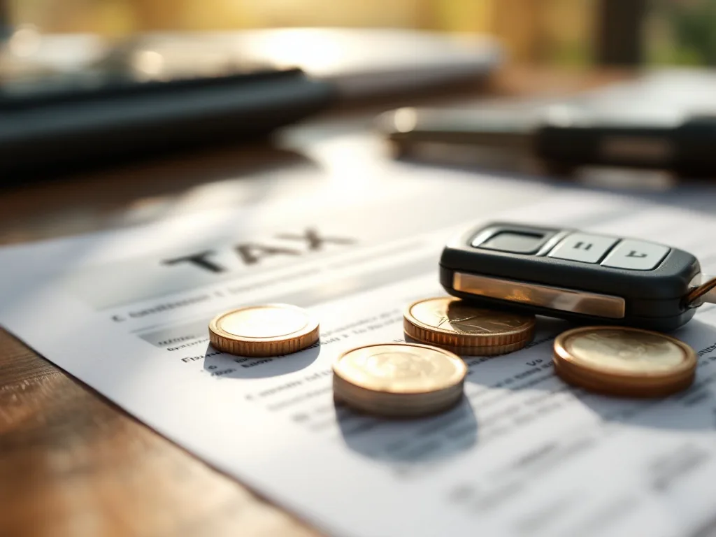close-up of a car key and coins on a wooden desk with a blurred tax document in the background, warm natural sunlight, shallow depth of field, editorial photography