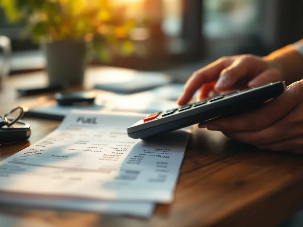 close-up of a hand holding a calculator and a fuel receipt on a wooden table next to a car key, warm afternoon window light, thoughtful budgeting mood, editorial photography, shallow depth of field