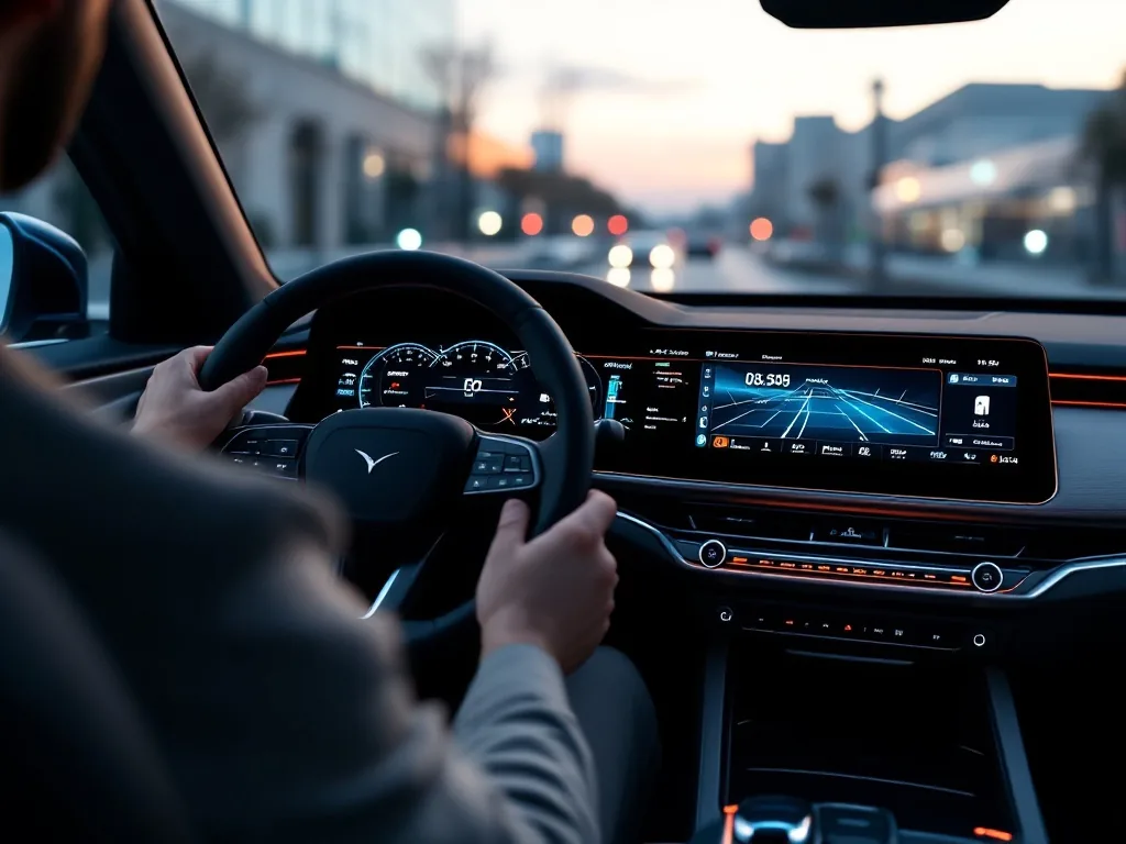 close-up of a premium Korean SUV interior showing a large digital instrument cluster and widescreen infotainment display, soft ambient cabin lighting, modern automotive technology, editorial photography, driver perspective angle
