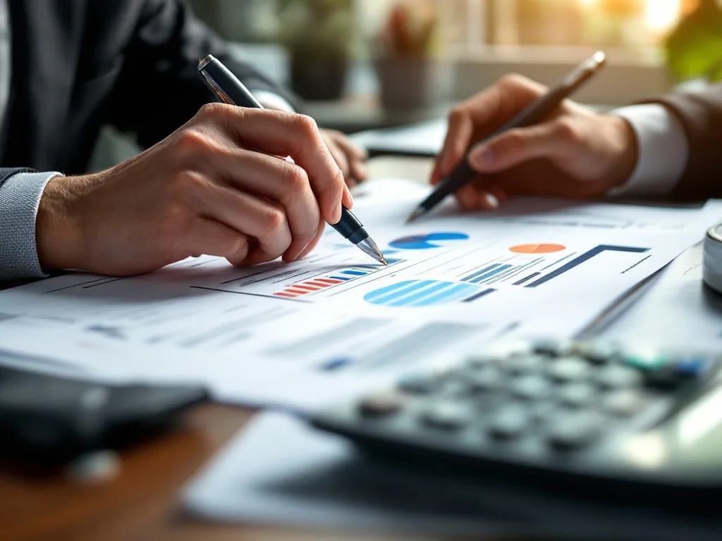 close-up of hands reviewing car finance documents on a desk with calculator and pen, soft office window light, editorial photography