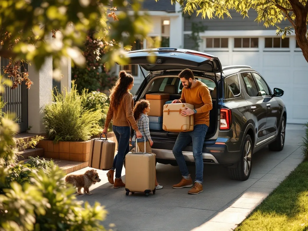 family loading luggage into a large Kia SUV in a suburban driveway, sunny morning light, over-the-shoulder wide shot, lifestyle editorial photography