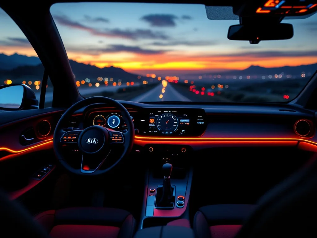 interior view of a modern Kia SUV cockpit with curved digital dashboard glowing at dusk, driver seat perspective, warm ambient light, editorial automotive shot