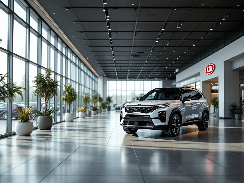 modern car dealership interior with Kia SUV on display, soft showroom lighting, wide angle editorial shot