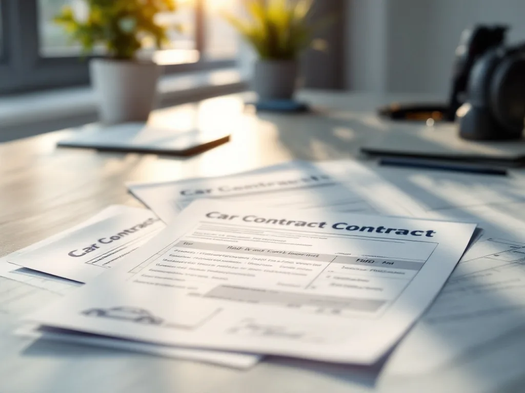 three car contracts laid side by side on a clean office desk, soft natural window light, over-the-shoulder editorial shot, financial planning atmosphere