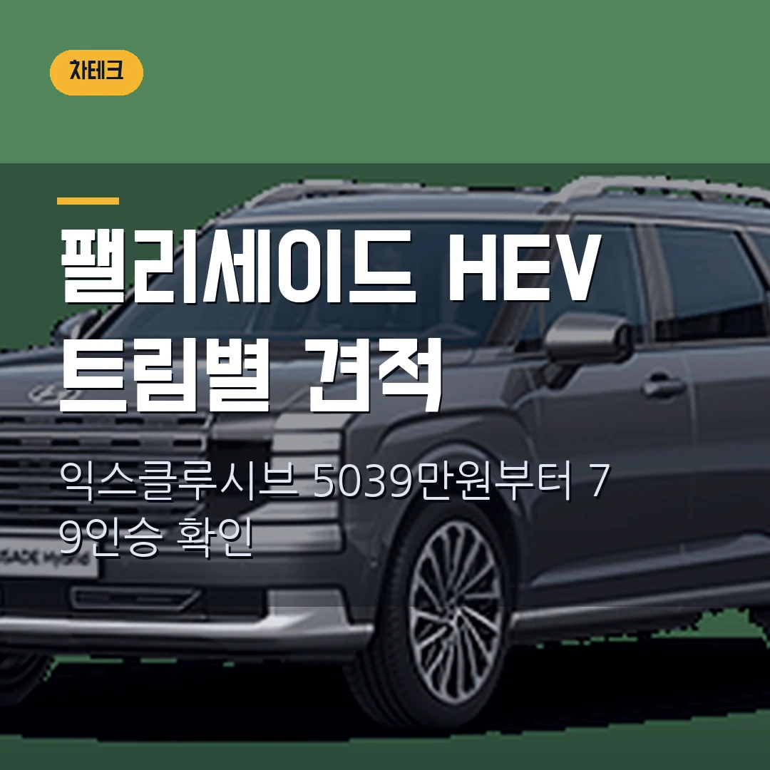 팰리세이드 HEV 트림별 견적 2026 — 익스클루시브 5039만원, 7인승·9인승에서 막힐 때