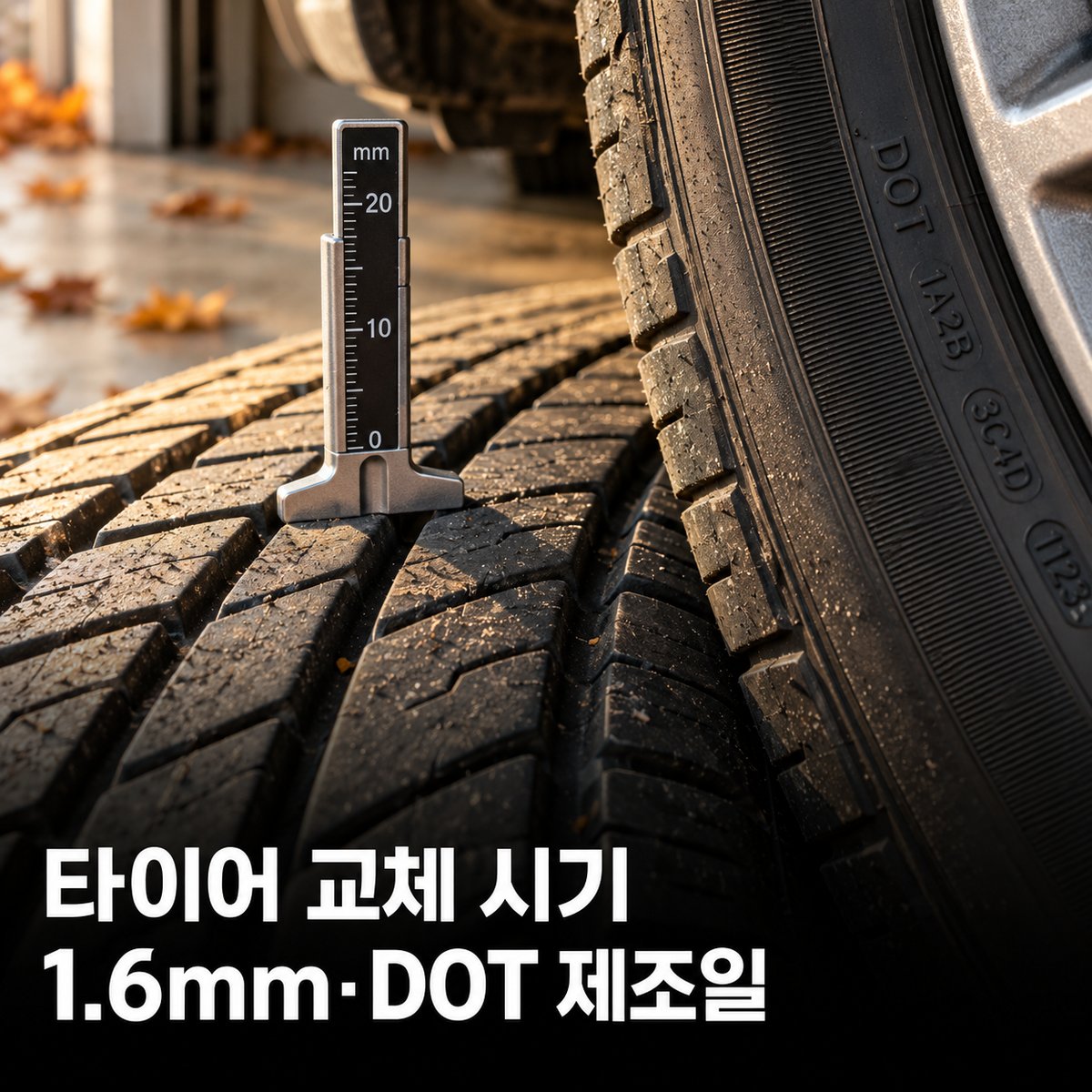 타이어 교체 시기, 홈 깊이 1.6mm 한계선과 옆면 DOT 4자리로 제조일 읽는 법